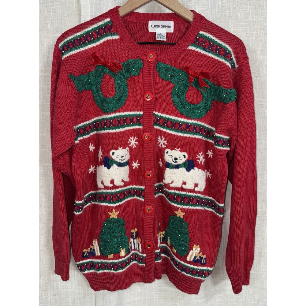 Vtg Alfred Dunner Women's L Cardigan Christmas‎ Sweater Polar Bears Beaded Ugly
